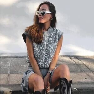 NEW Zara Bejeweled Floral Sweater Vest